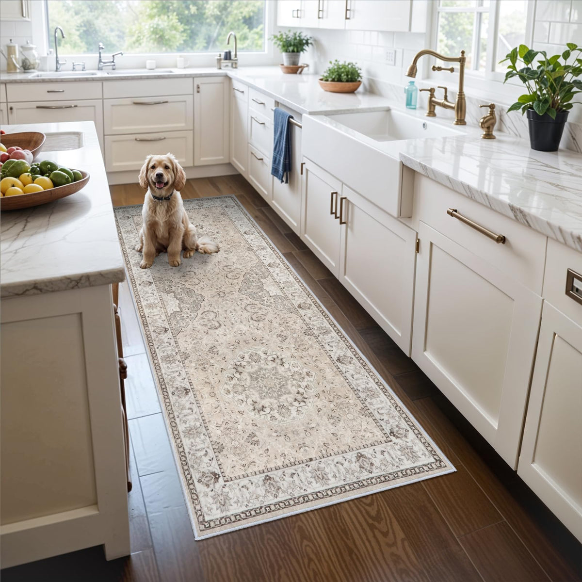 Hallway Washable Runner Rug - 2x10 Kitchen Rugs Entryway Rug Runner Vintage Soft Floor Mat Non Slip Indoor Farmhouse Carpet for Bathroom Living Room Bedroom (2 X 10, Beige)