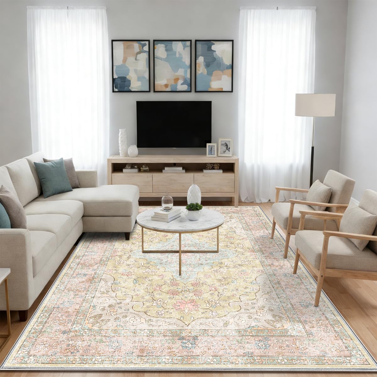 Washable 9x12 Area Rug for Living Room, Non-Slip Large Pink Bedroom Rugs