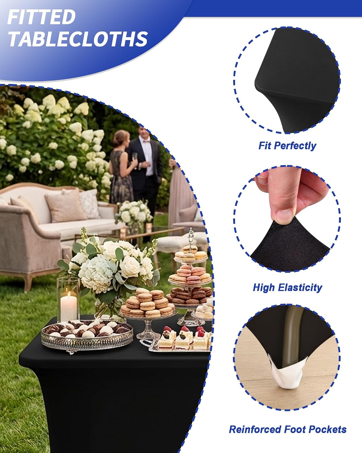 Fixwal 2 Pack 6FT Black Tablecloth Rectangle Spandex Fitted Table Cover