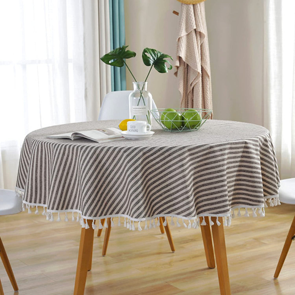 meioro Table Cloth Blue White Striped Tablecloth with Tassels Cotton Linen Dust-Proof Table Cover for Dining Buffet Kitchen Picnic Tables, Parties Holiday Indoor Outdoor Tablecloths (39x55 Inch)