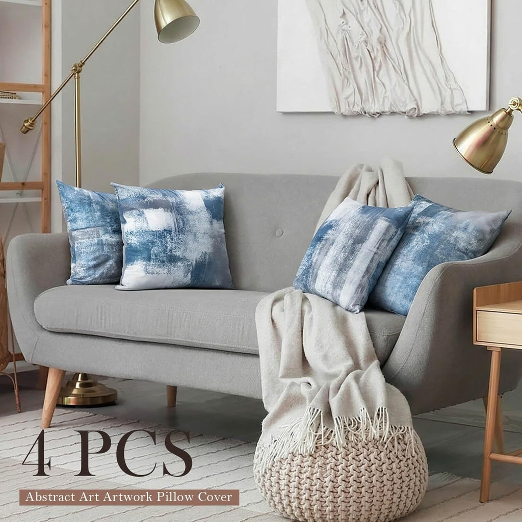 Set of 4 Blue and Grey Abstract Art Artwork Pillow Cover 18 x 18 Inch, Gallery Modern Decorative Throw Pillows Cushion Cover for Bedroom Sofa Living Room