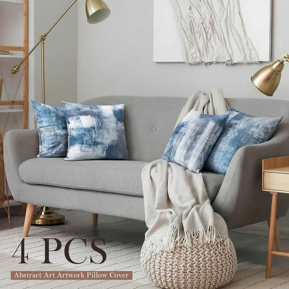 Set of 4 Blue and Grey Abstract Art Artwork Pillow Cover 18 x 18 Inch, Gallery Modern Decorative Throw Pillows Cushion Cover for Bedroom Sofa Living Room