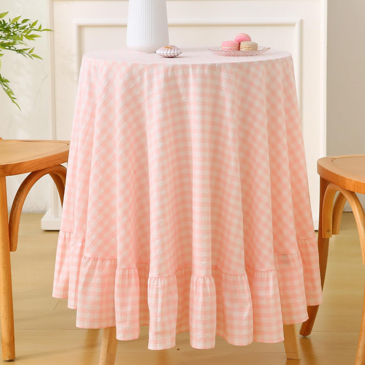 Blush White Gingham Ruffled Table Cloth Rectangular 120“x60”