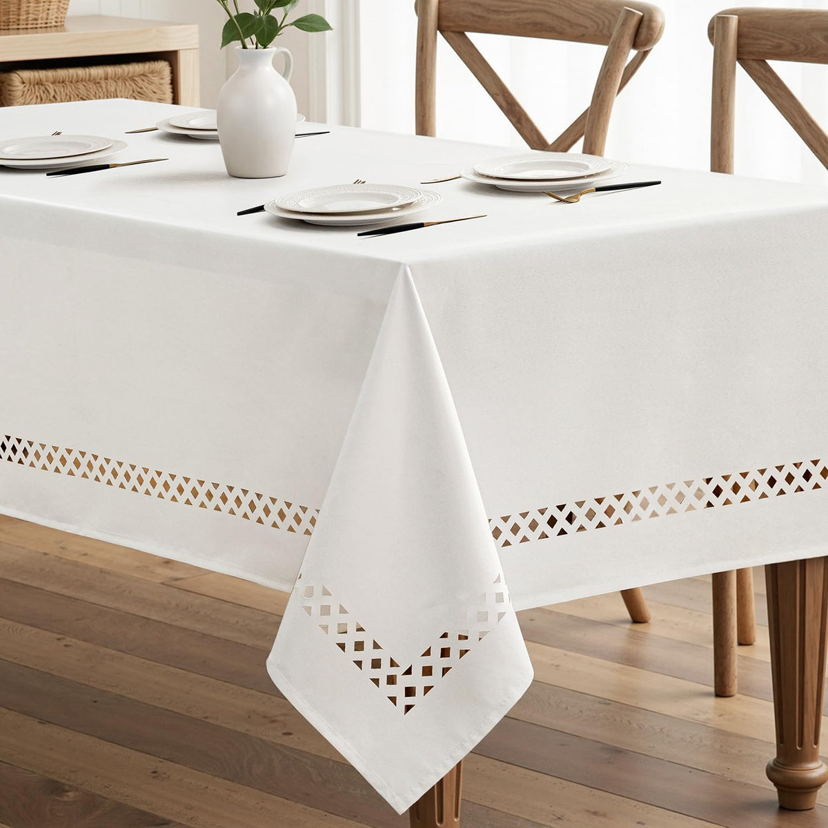 MIULEE Beige Rectangle Tablecloth with Decorative Cutouts 52x70 Inch