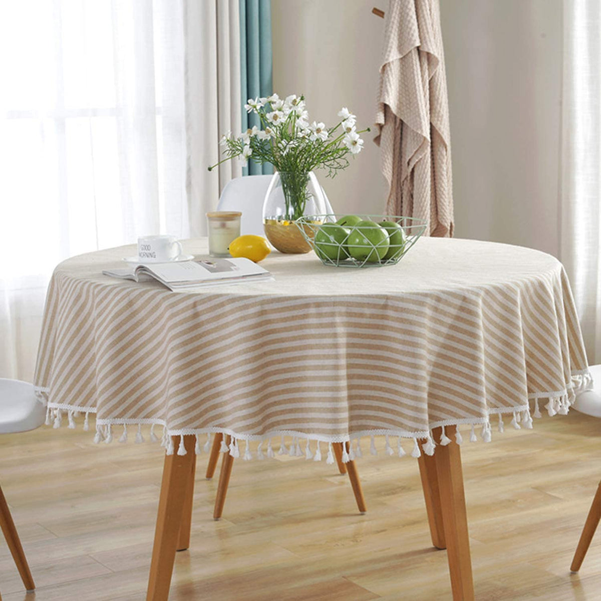 meioro Table Cloth Blue White Striped Tablecloth with Tassels Cotton Linen Dust-Proof Table Cover for Dining Buffet Kitchen Picnic Tables, Parties Holiday Indoor Outdoor Tablecloths (39x55 Inch)