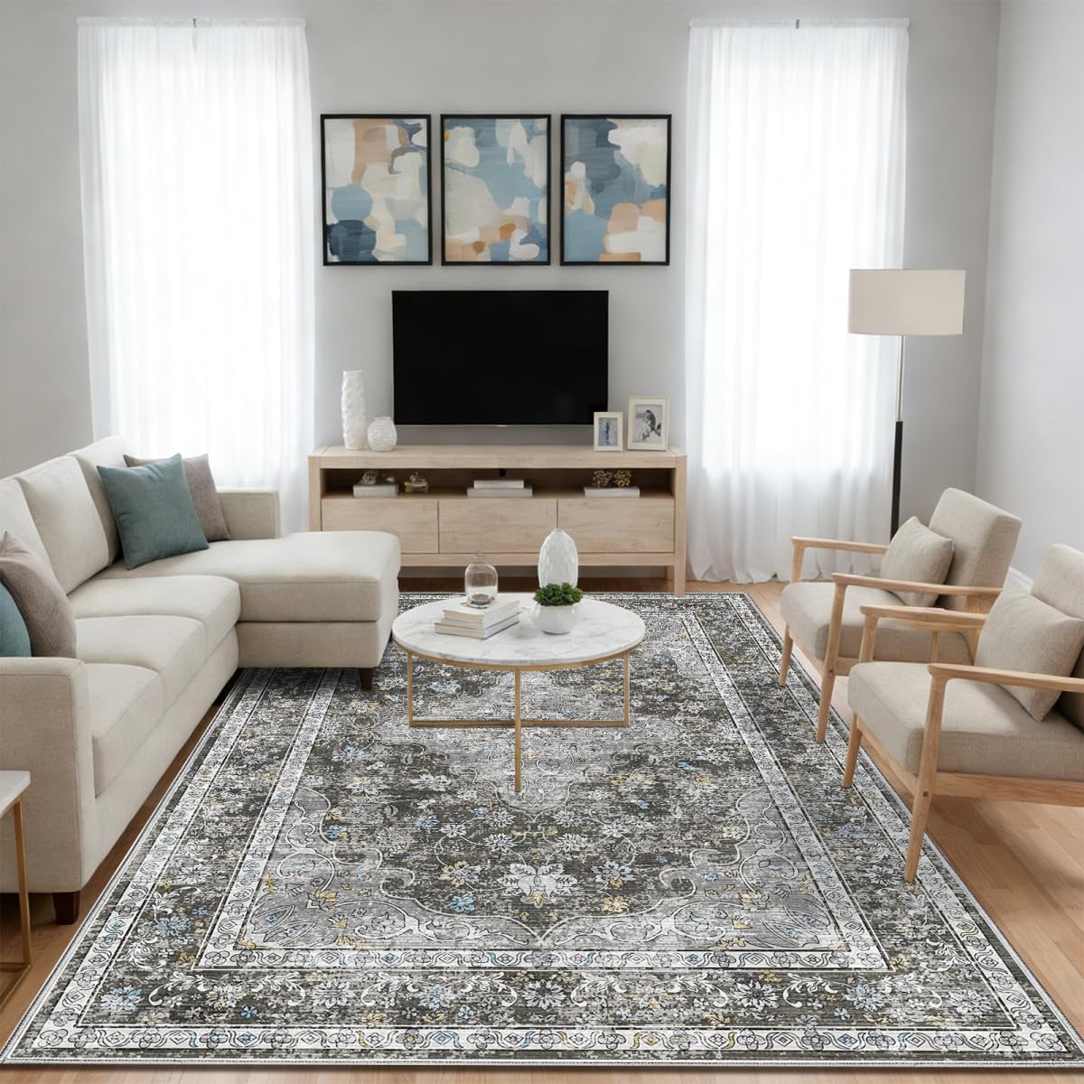 Washable 9x12 Area Rug for Living Room, Non-Slip Large Pink Bedroom Rugs