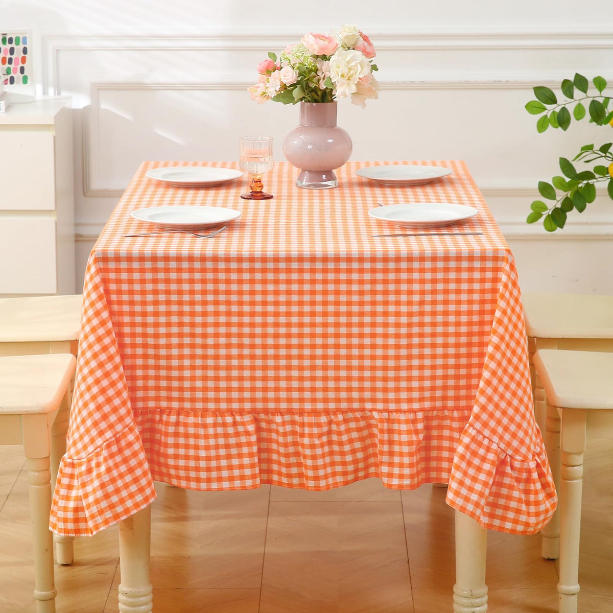 Blush White Gingham Ruffled Table Cloth Rectangular 120“x60”