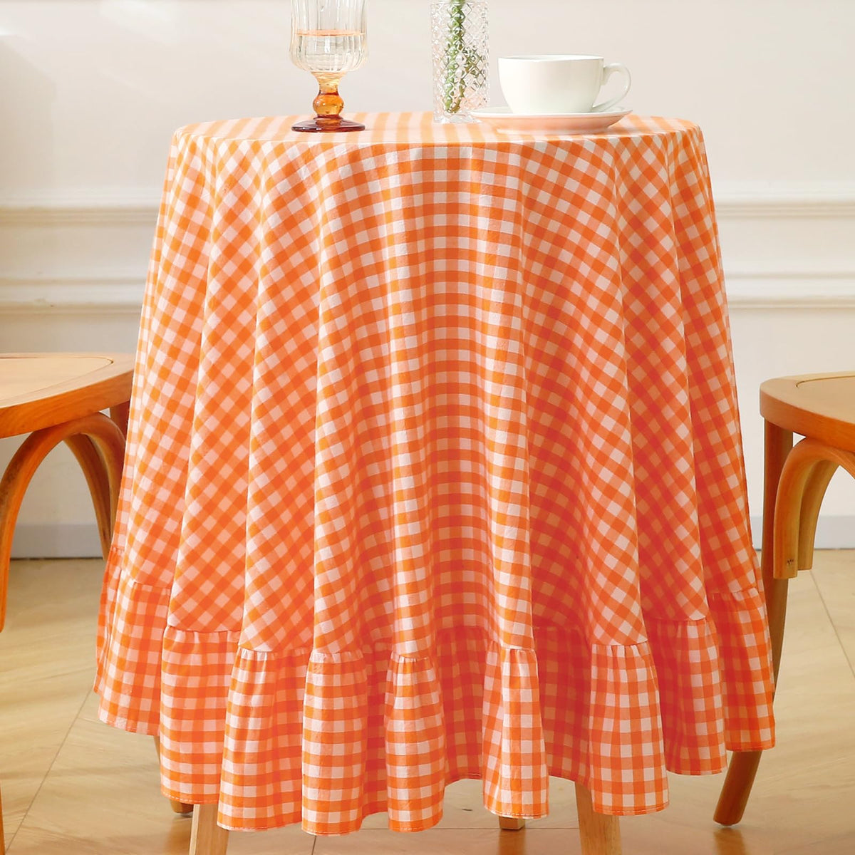 Blush White Gingham Ruffled Table Cloth Rectangular 120“x60”