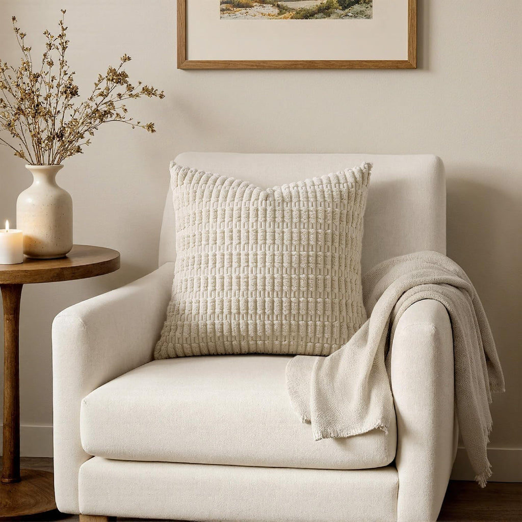 MIULEE Corduroy Decorative Throw Pillow Covers 18x18 Cream White Pack of 2