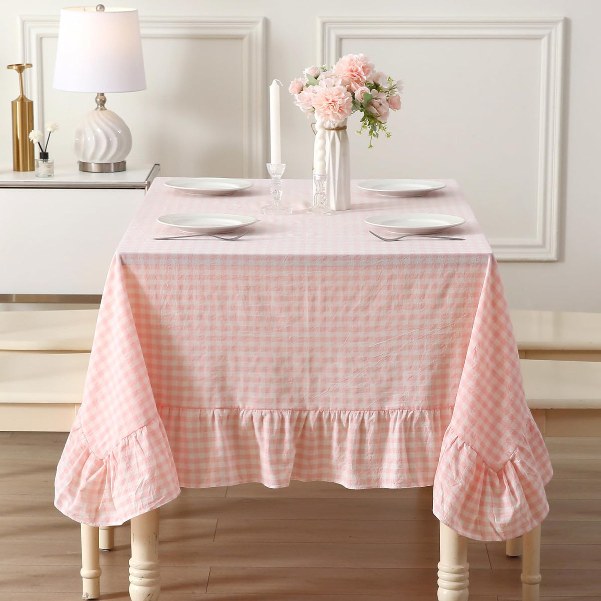 Blush White Gingham Ruffled Table Cloth Rectangular 120“x60”