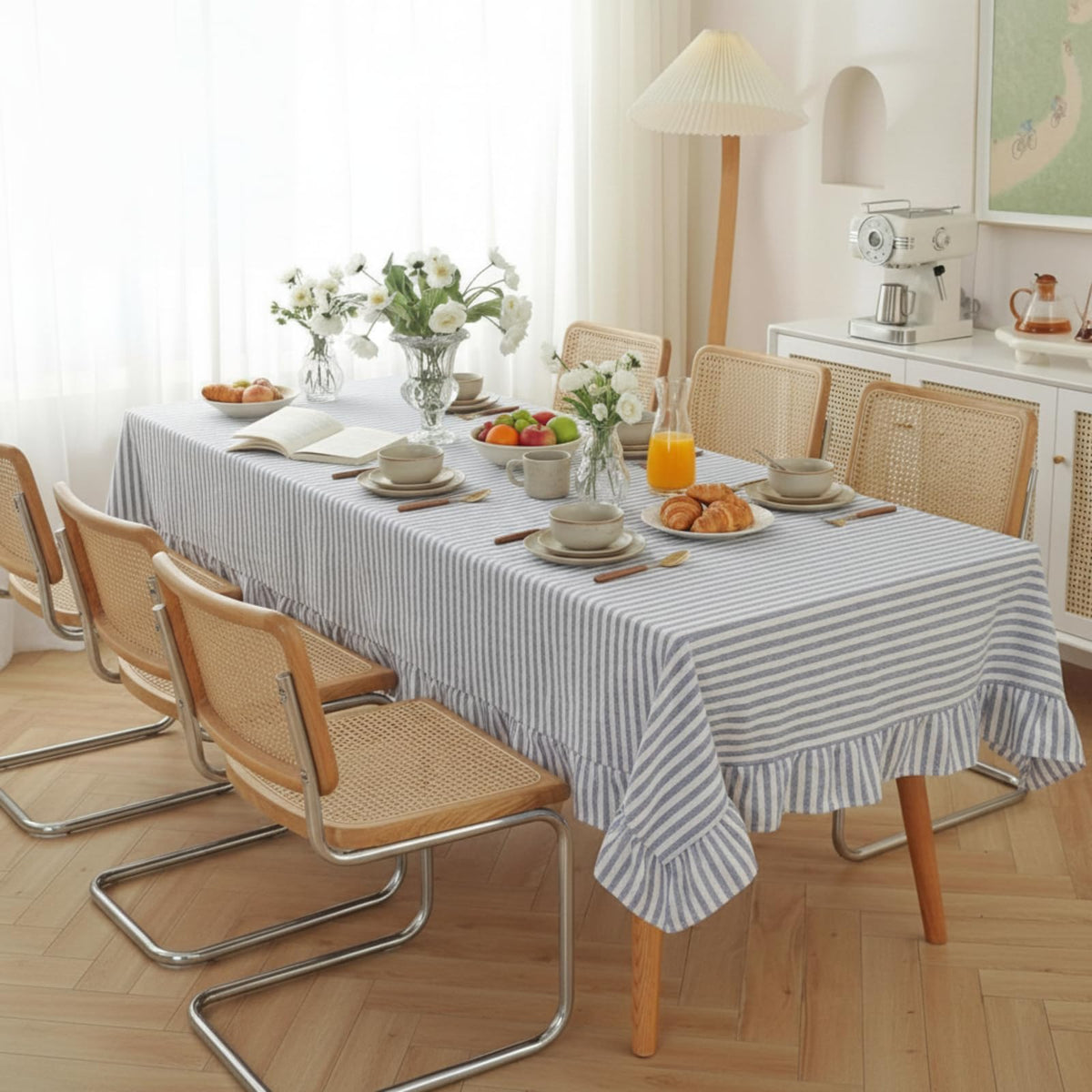 Boao Cotton Striped Tablecloth Rectangle 52" X 70" Beige White