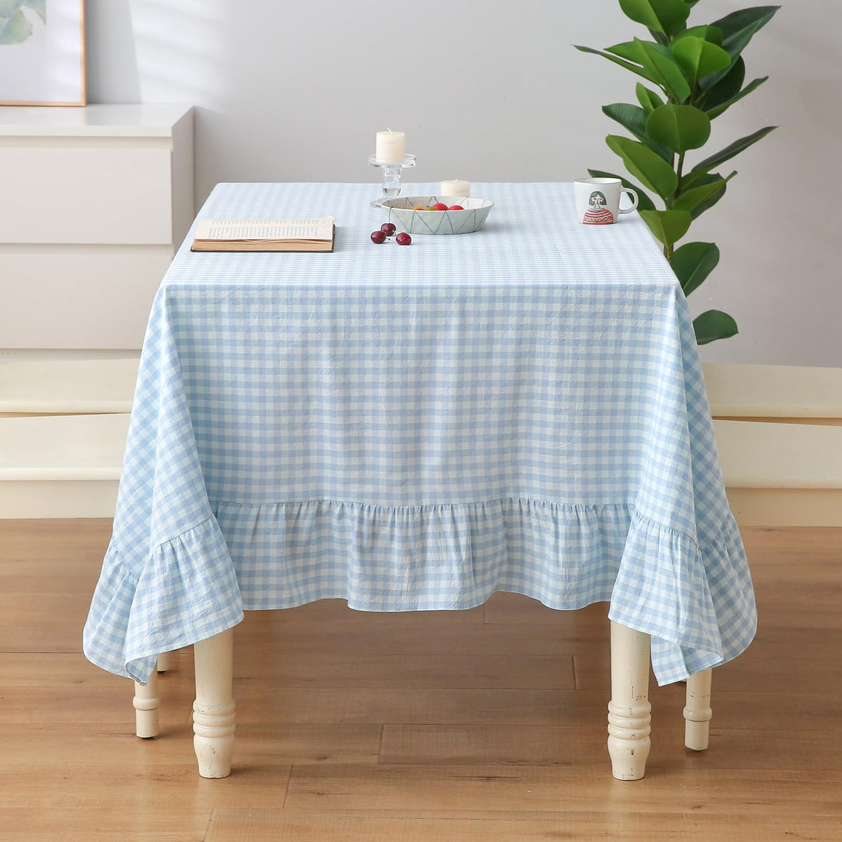Blush White Gingham Ruffled Table Cloth Rectangular 120“x60”