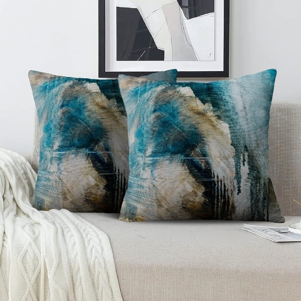 Blue and Grey Abstract Art Artwork Pillow Cover, Gallery Modern Decorative Throw Pillows Cushion Cover for Bedroom Sofa Living Room 18 x 18 Inch Set of 2