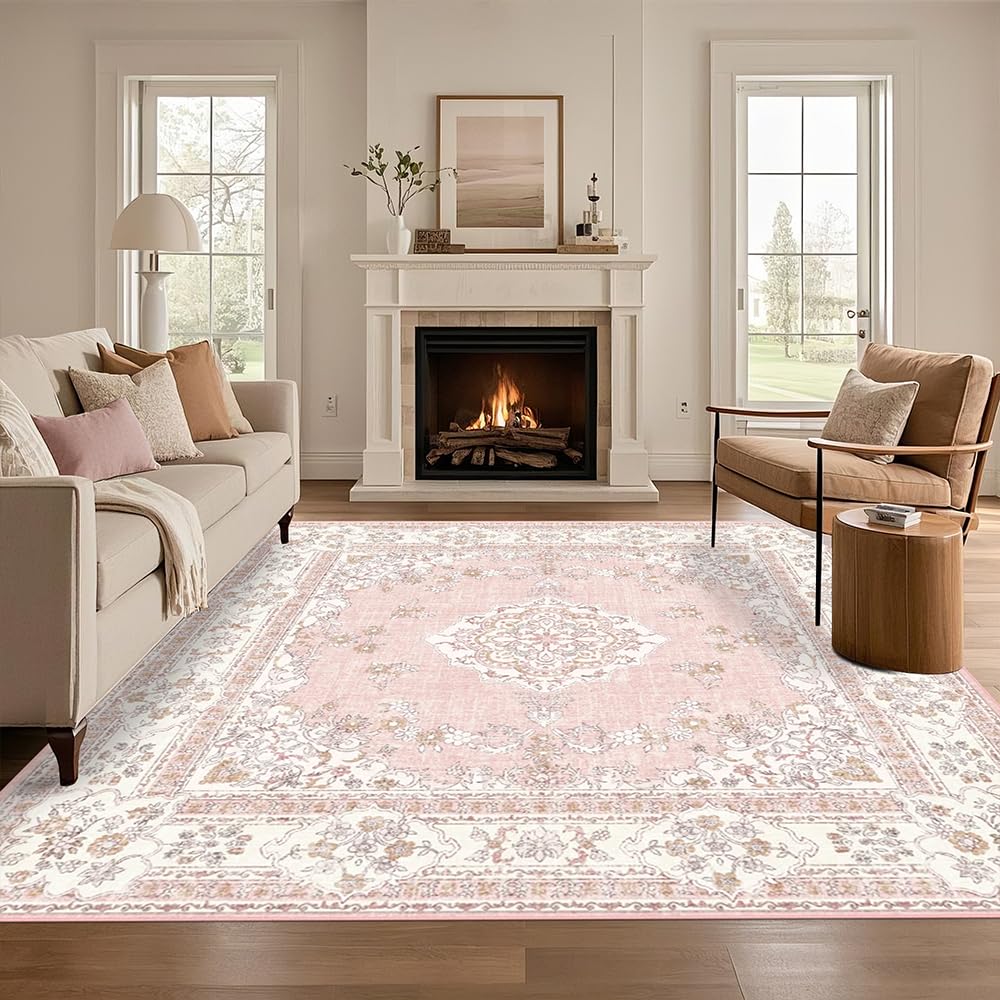 Soft Pink Rug for Girls Room: 5x8 Vintage Washable Carpet Bedroom Nursery