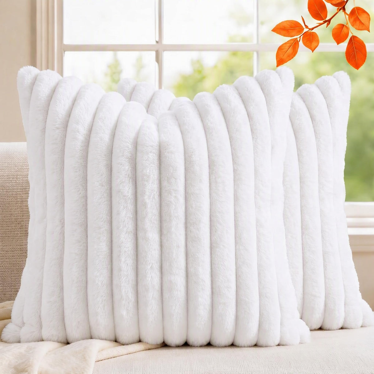 Set of 2 Decorative Throw Pillow Covers 18x18, Faux Fur Cream White