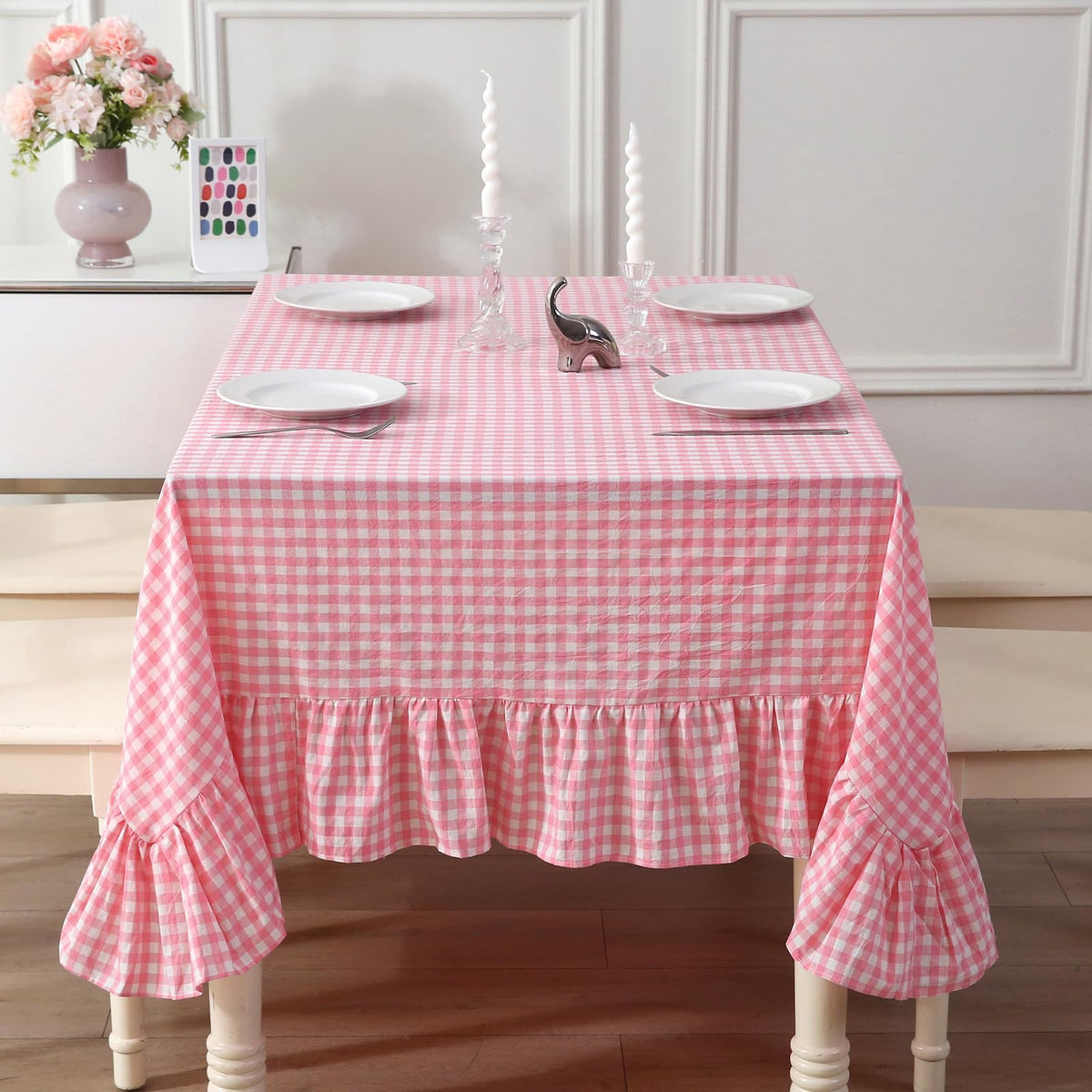 Blush White Gingham Ruffled Table Cloth Rectangular 120“x60”
