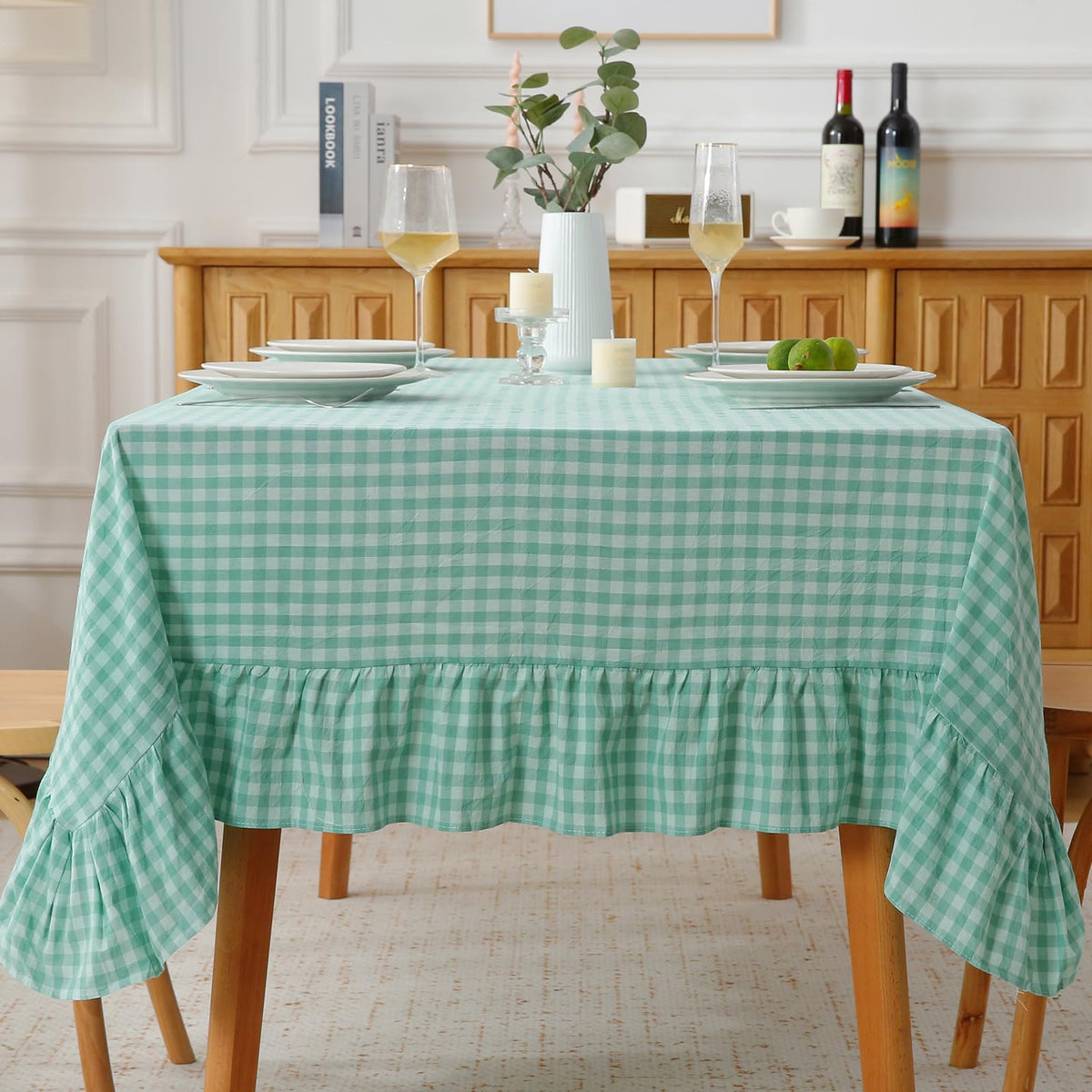 Blush White Gingham Ruffled Table Cloth Rectangular 120“x60”