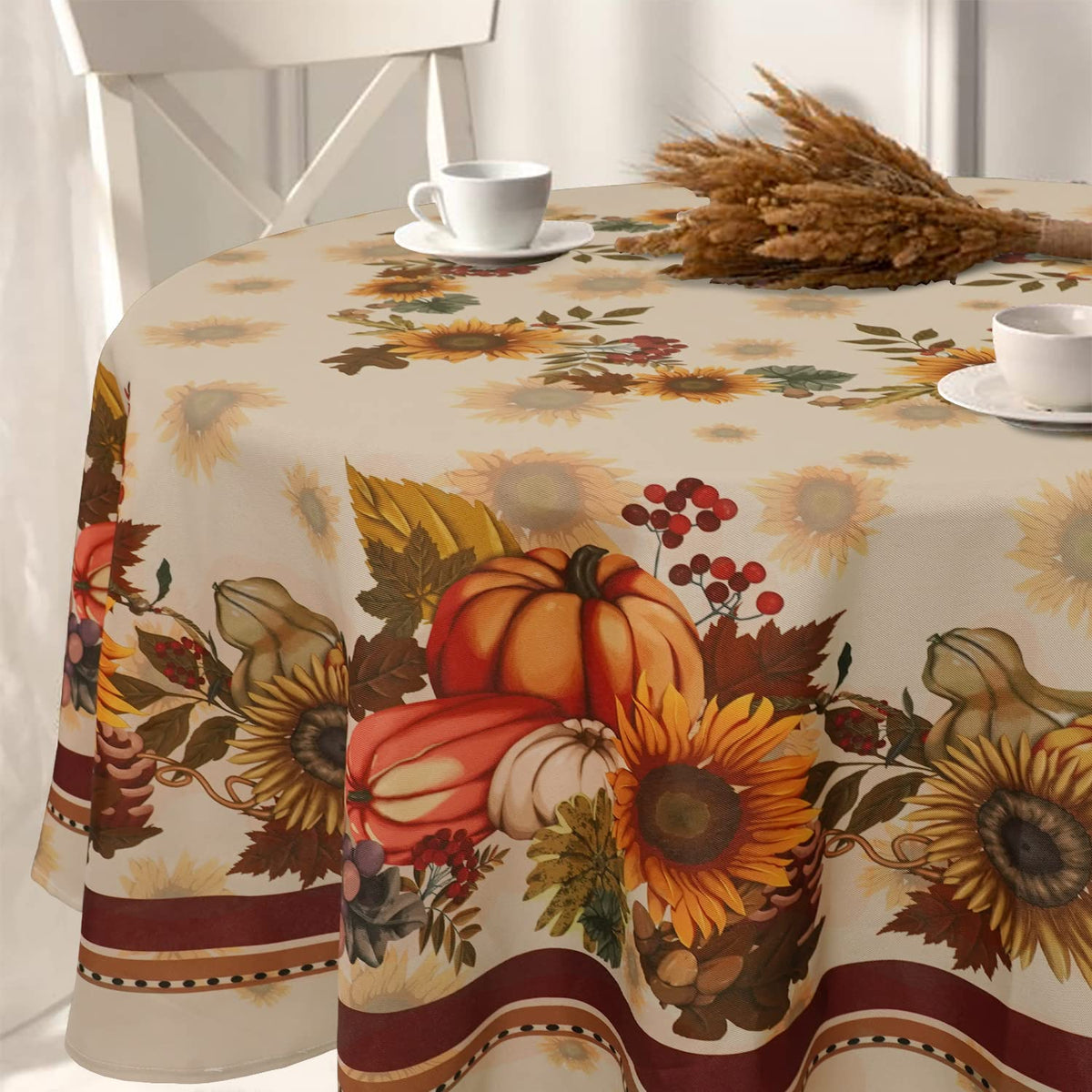 Fall Thanksgiving Double Border Decoration Tablecloth, Turkey & Pumpkin Harvest Tablecloths, Waterproof Table Cover for Dinner Kitchen Party Holiday Decorations Oval 54 x 72 Inch