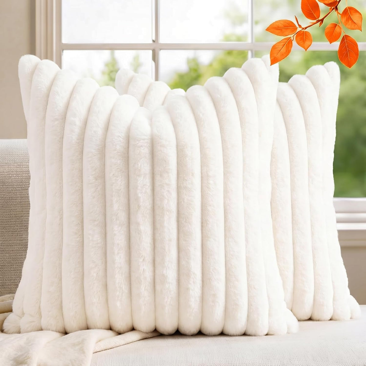 Set of 2 Decorative Throw Pillow Covers 18x18, Faux Fur Cream White