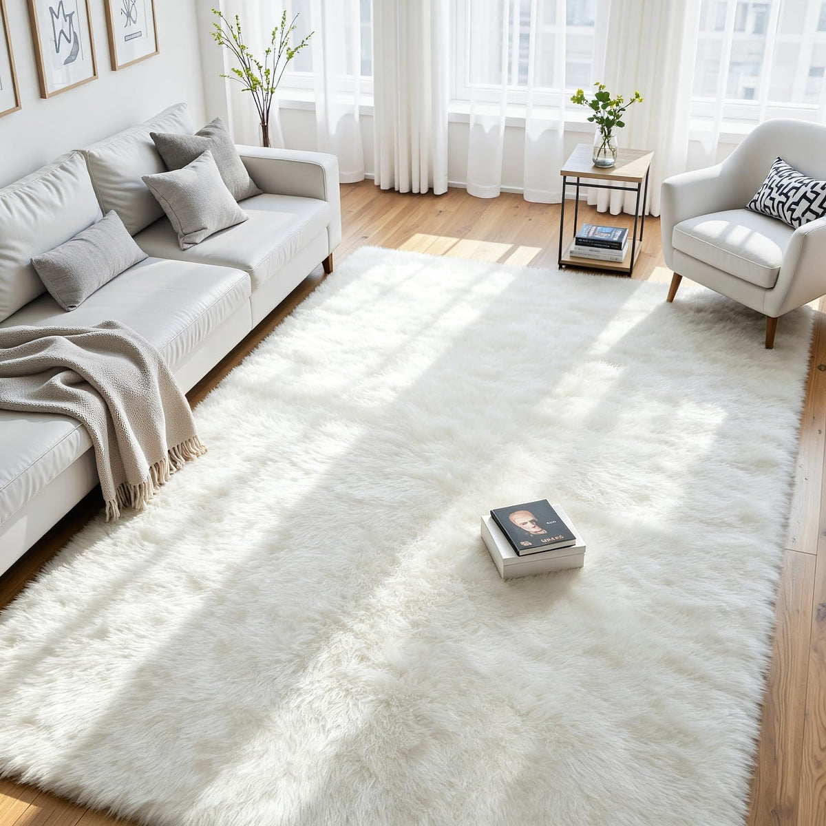 8x10 Fluffy Area Rug for Living Room: Soft Non-Slip Black Bedroom Carpet