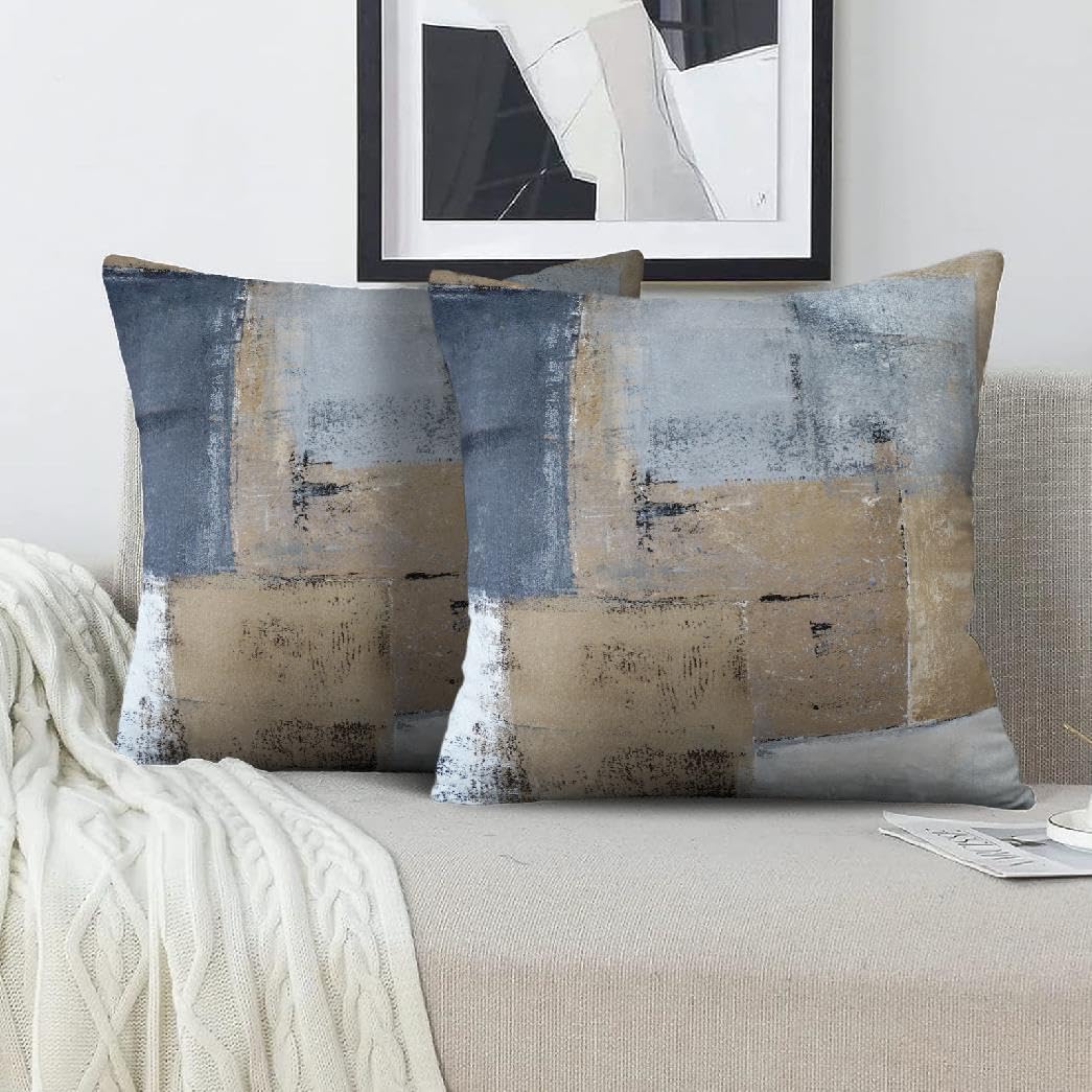 Blue and Grey Abstract Art Artwork Pillow Cover, Gallery Modern Decorative Throw Pillows Cushion Cover for Bedroom Sofa Living Room 18 x 18 Inch Set of 2