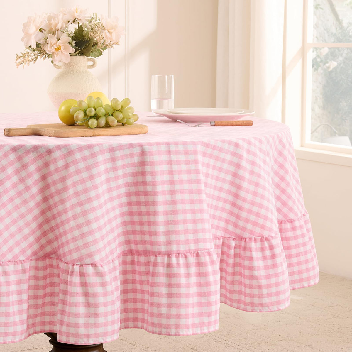 Romanstile Gingham Ruffled Tablecloth Rectangle, 60 x 84 Inch, Sage Green