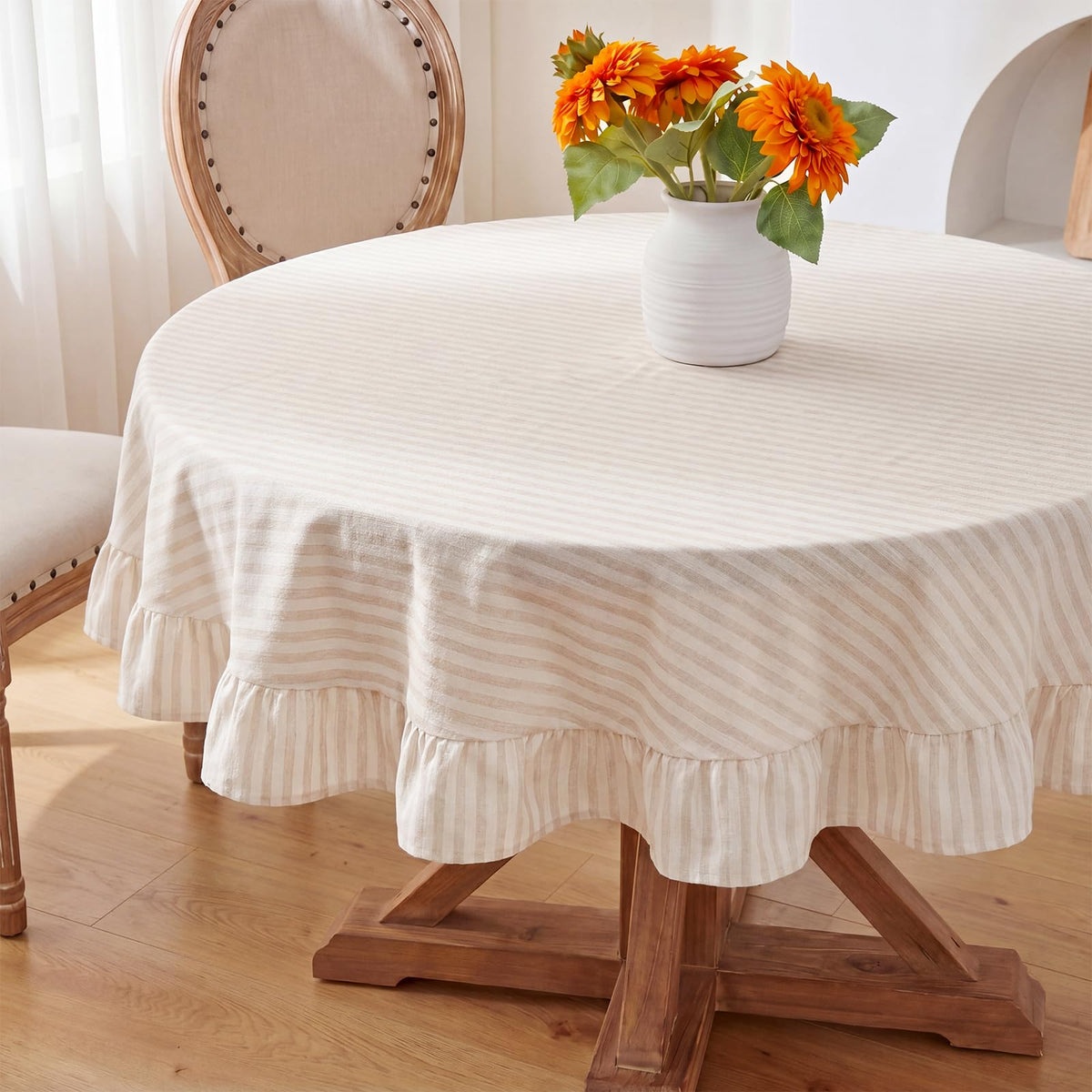 Boao Cotton Striped Tablecloth Rectangle 52" X 70" Beige White
