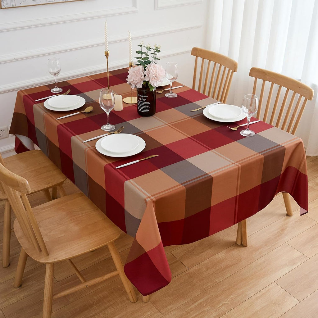 Red Brown Plaid Winter Rectangle Tablecloth - 60 x 120 Inch Oblong Polyester Checkered Gingham Christmas Table Cover Reusable Water Resistant for Fall/Autumn Thanksgiving Holiday Kitchen Dining