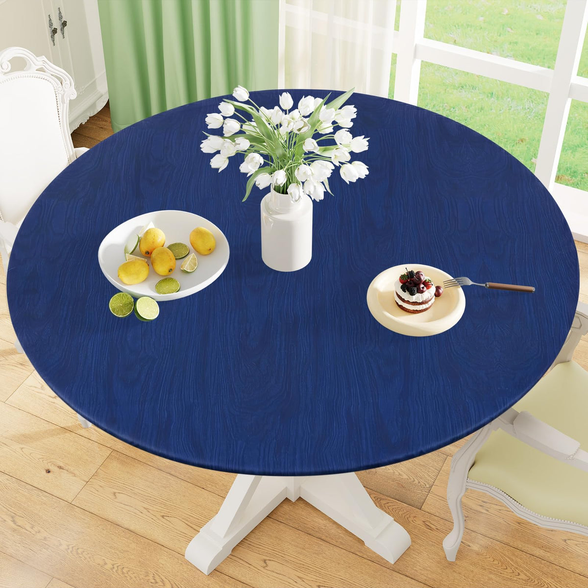misaya Round Fitted Tablecloth with Elastic Edge, 100% Waterproof Oil Proof Plastic Table Cover, Vinyl Flannel Backed Tablecloth Fits 36"-44" Round Tables for Dinner, Outdoor, Picnic, Flowers