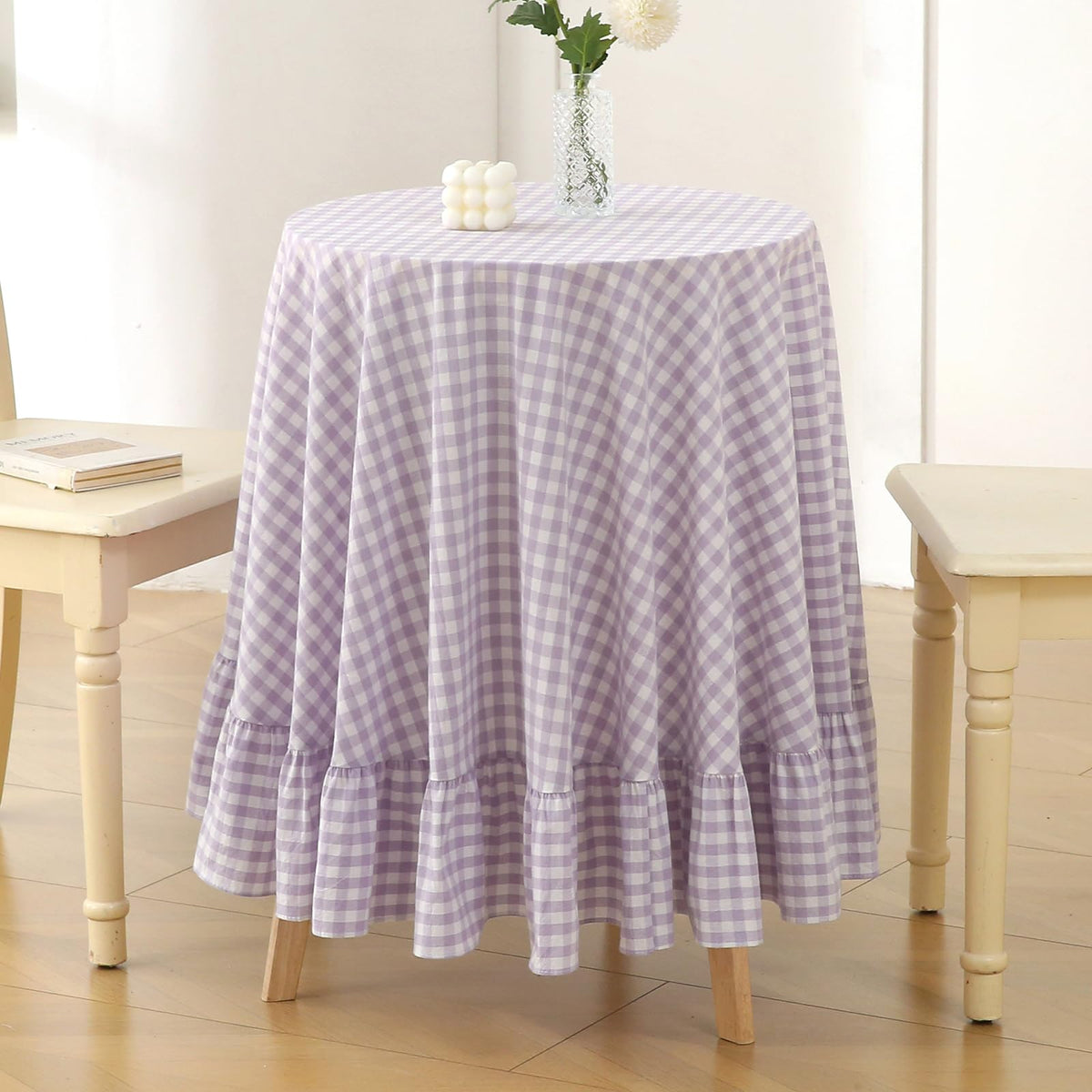 Blush White Gingham Ruffled Table Cloth Rectangular 120“x60”