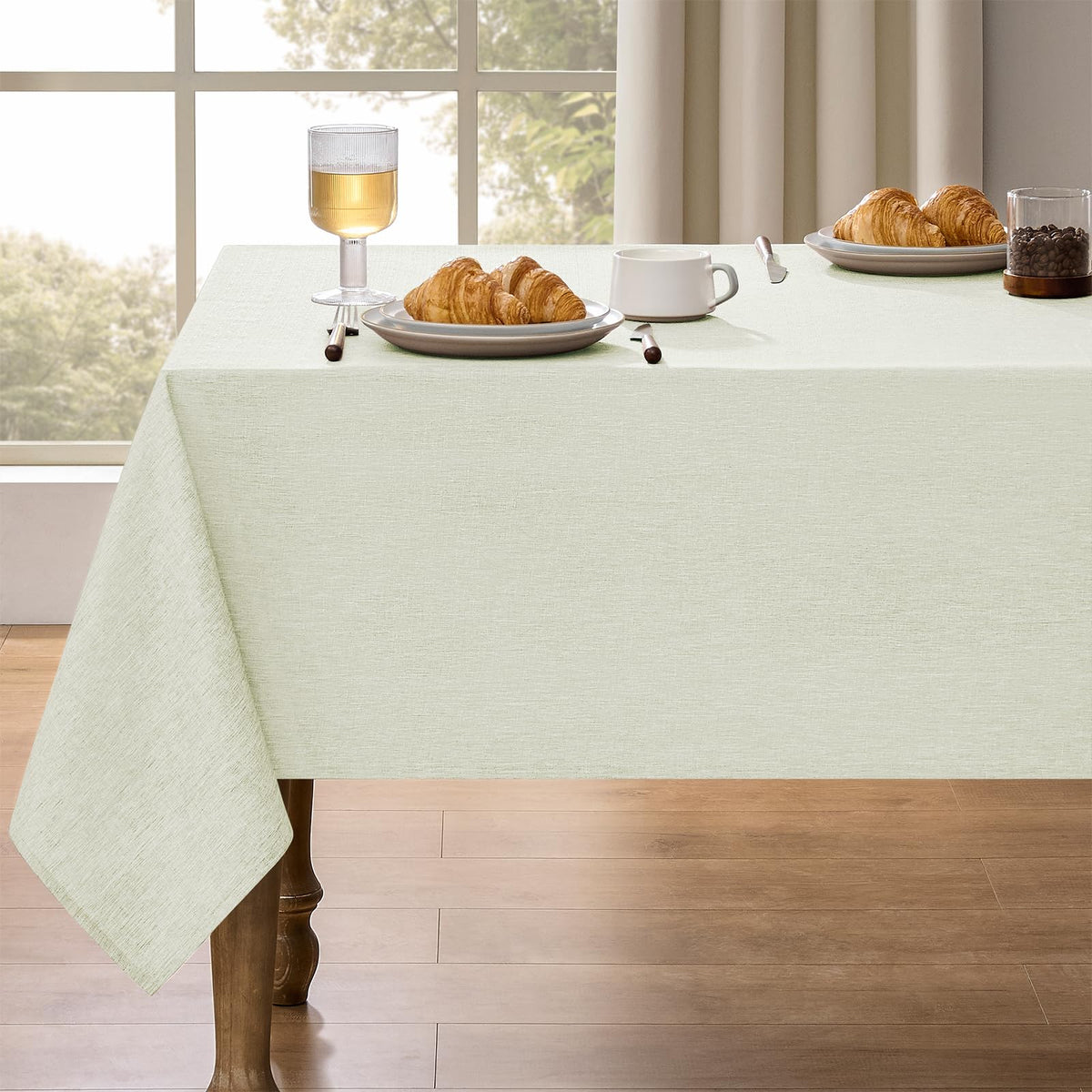 Decorelia Faux Linen Round Tablecloths 60 inch, Waterproof Decorative Washable Texture Rustic Circle Table Cloth Cover for Dining Kitchen Party Farmhouse Outdoor(Round (2-4 Seats),Sage Green)