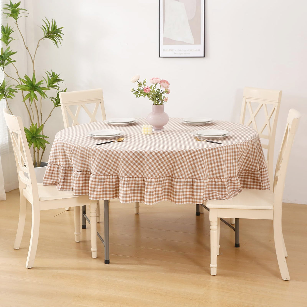 Blush White Gingham Ruffled Table Cloth Rectangular 120“x60”
