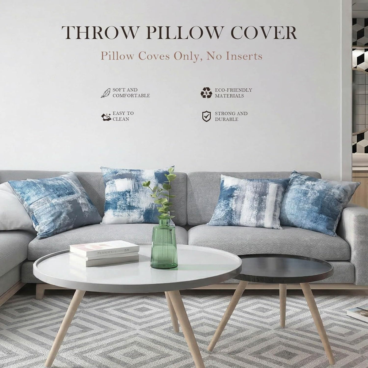 Set of 4 Blue and Grey Abstract Art Artwork Pillow Cover 18 x 18 Inch, Gallery Modern Decorative Throw Pillows Cushion Cover for Bedroom Sofa Living Room