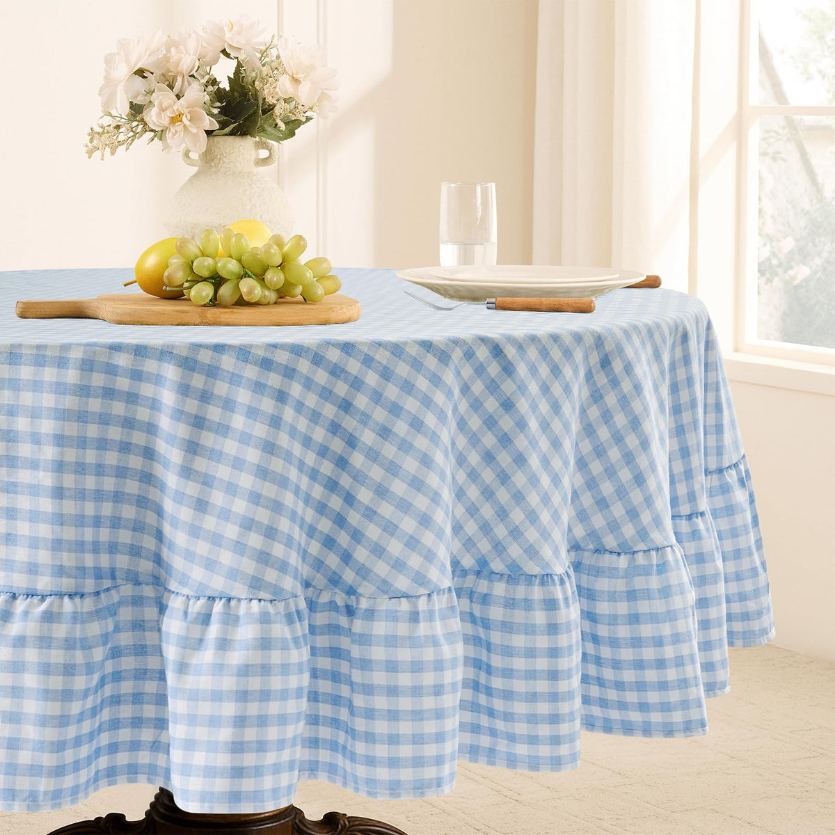 Romanstile Gingham Ruffled Tablecloth Rectangle, 60 x 84 Inch, Sage Green