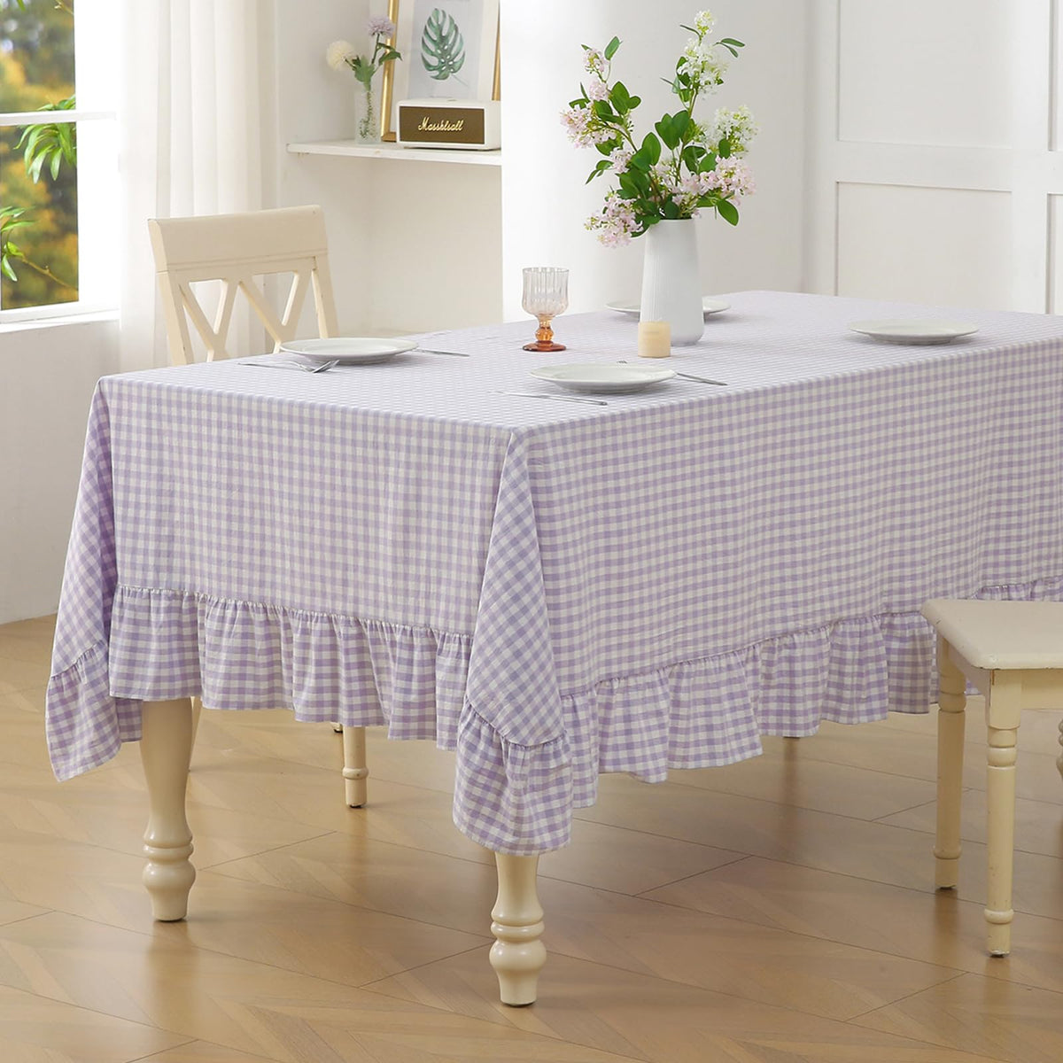 Blush White Gingham Ruffled Table Cloth Rectangular 120“x60”