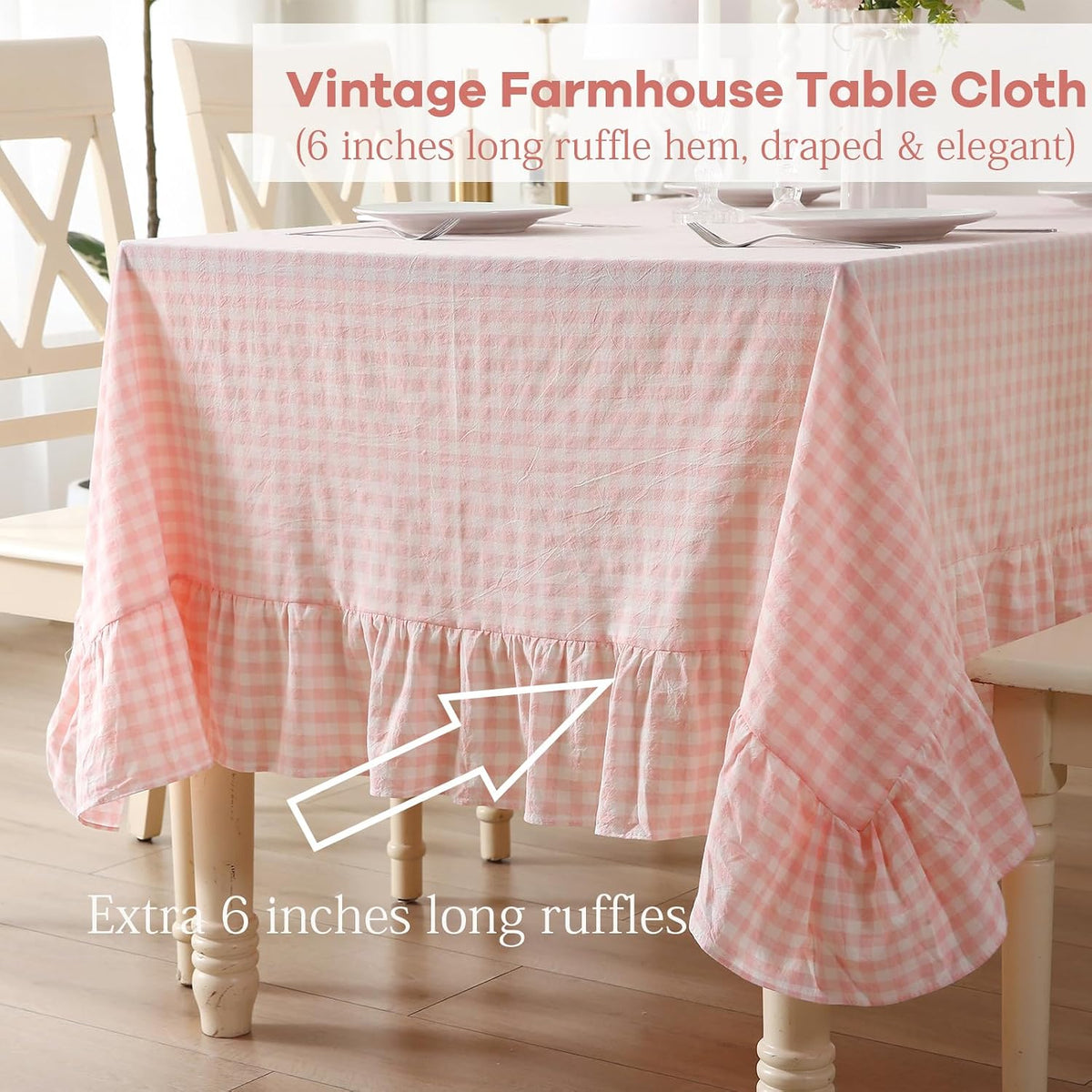 Blush White Gingham Ruffled Table Cloth Rectangular 120“x60”