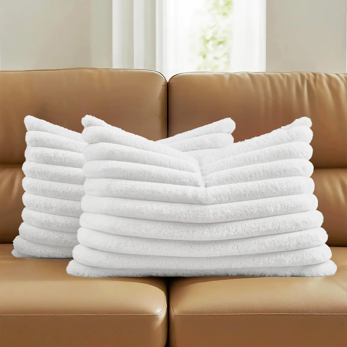 FUTEI Pack of 2 Faux Fur Throw Pillow Covers 18x18 Inch, Cream White
