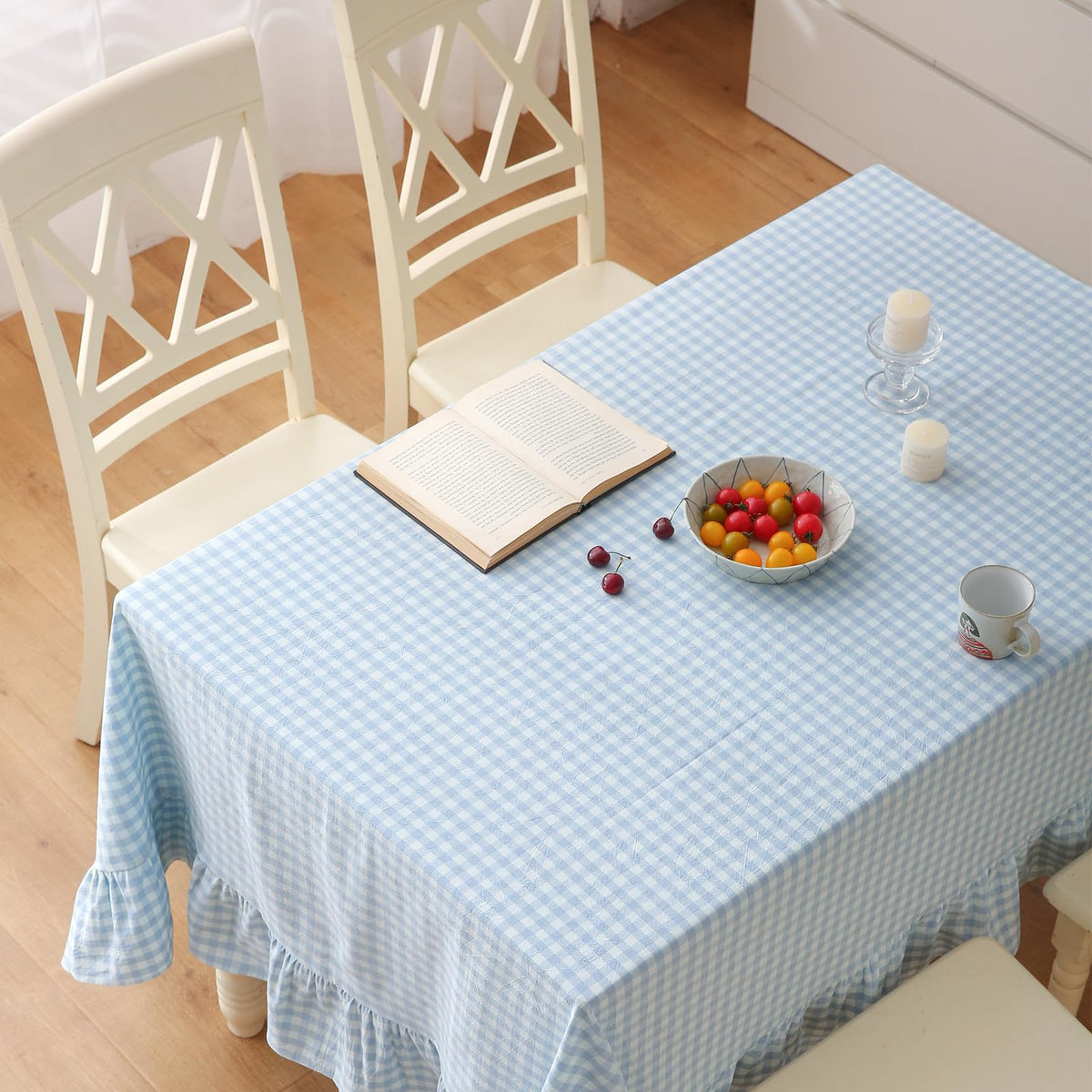 Blush White Gingham Ruffled Table Cloth Rectangular 120“x60”