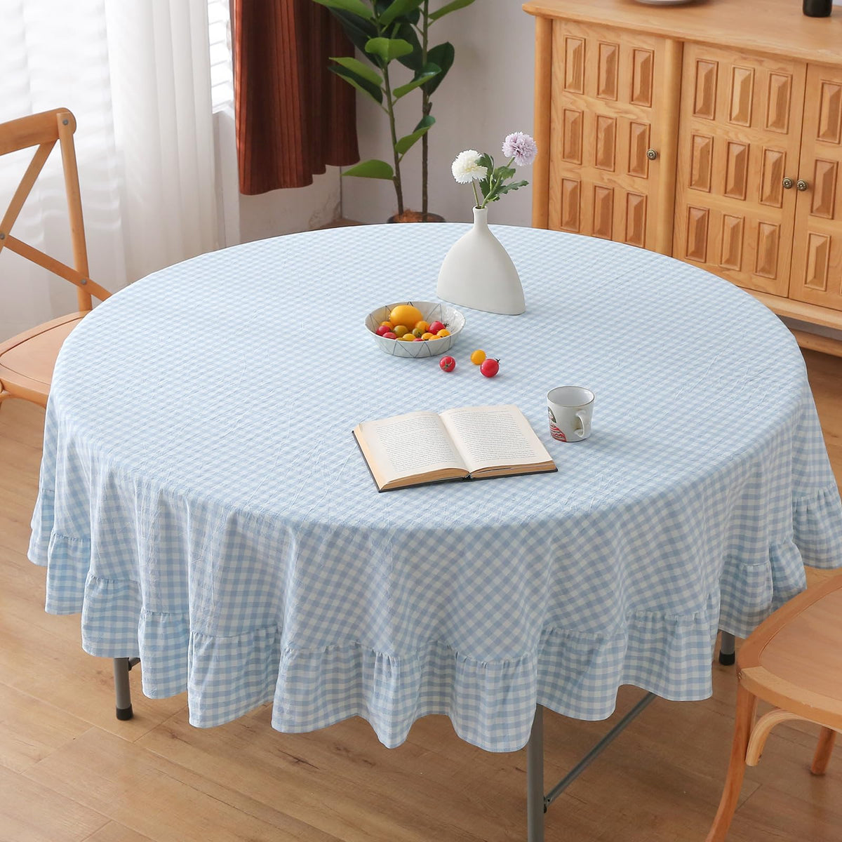 Blush White Gingham Ruffled Table Cloth Rectangular 120“x60”