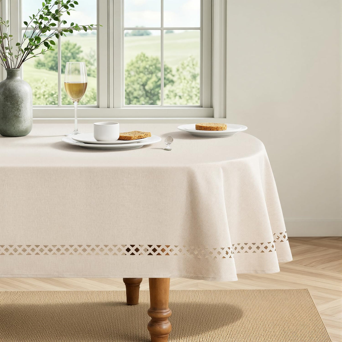 MIULEE Beige Rectangle Tablecloth with Decorative Cutouts 52x70 Inch