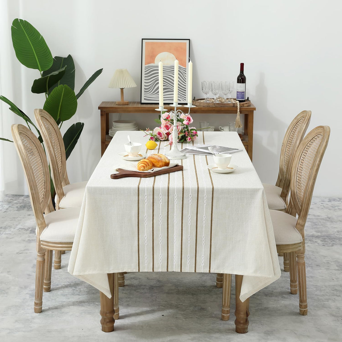 Chassic 60 x 84 inches Farmhouse Style Linen tablecloths, Wrinkle Resistant Washable Dining Room Table Cloths for Rectangle Tables - Hemstitch Light Coffee