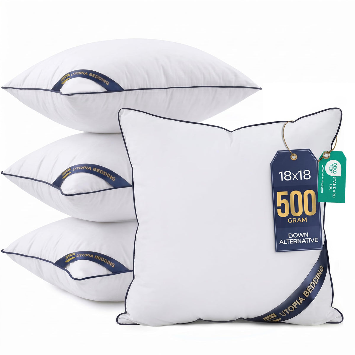 Premium Piping Throw Pillows 18x18, Decorative Pillow Inserts, 2-Pack
