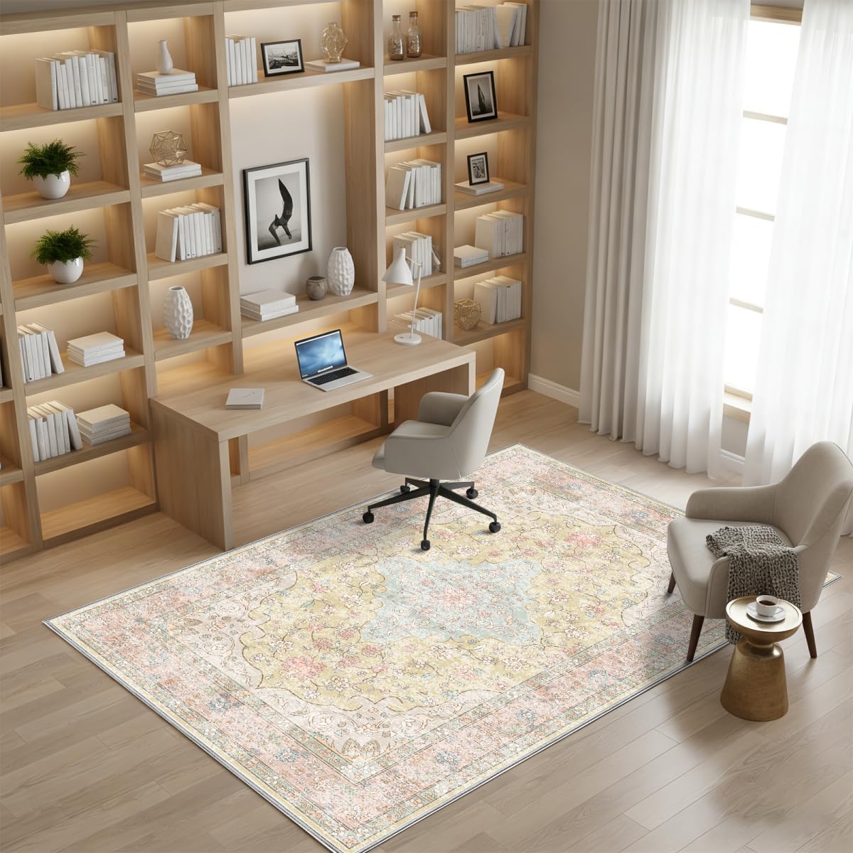 Washable 9x12 Area Rug for Living Room, Non-Slip Large Pink Bedroom Rugs