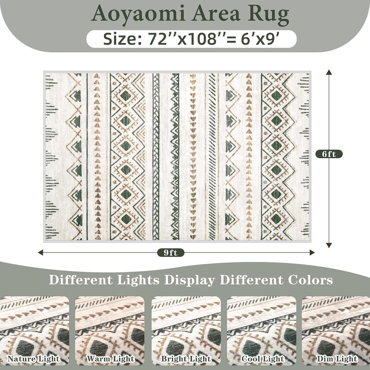 Area Rug for Living Room 6x9: Large Washable Boho Moroccan Rugs Geometric Neutral Rug, Non-Slip Foldable Morden Farmhouse Indoor Floor Carpet for Bedroom Dining Table Home(Brown Green,6'x9')