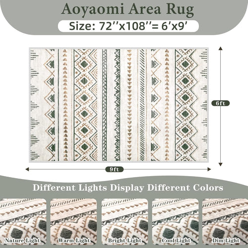 Area Rug for Living Room 6x9: Large Washable Boho Moroccan Rugs Geometric Neutral Rug, Non-Slip Foldable Morden Farmhouse Indoor Floor Carpet for Bedroom Dining Table Home(Brown Green,6'x9')