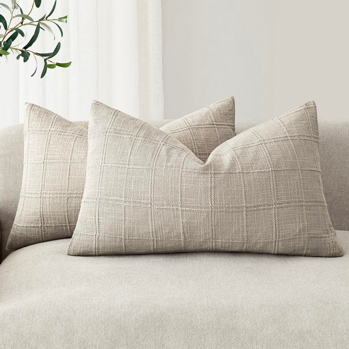 Foindtower Boho Linen Check Decorative Throw Pillow Cover 20×20 Olive Green