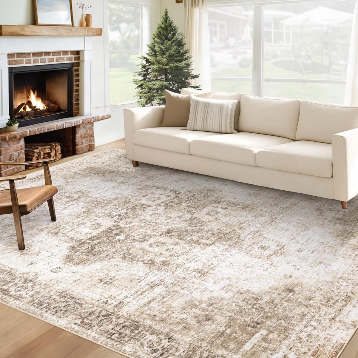 Area Rug 8x10 Washable Rug, Vintage Boho Medallion Rugs Non-Slip Soft Low Pile Large Distressed Rug Indoor Retro Carpet for Living Room Bedroom Dining Room Office Children's Room(Beige, 8'x10')
