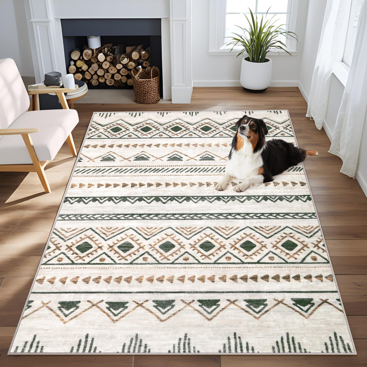 Area Rug for Living Room 6x9: Large Washable Boho Moroccan Rugs Geometric Neutral Rug, Non-Slip Foldable Morden Farmhouse Indoor Floor Carpet for Bedroom Dining Table Home(Brown Green,6'x9')