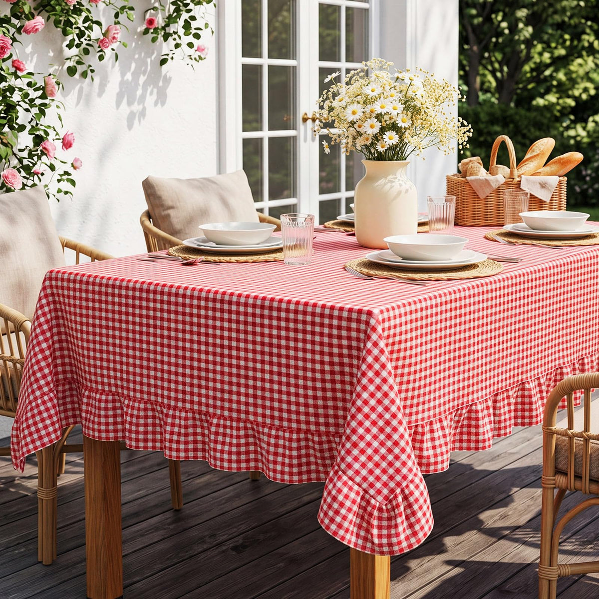 Mindsoft Brown Ruffled Gingham Tablecloth, 52 x 70 Inches, Rectangle