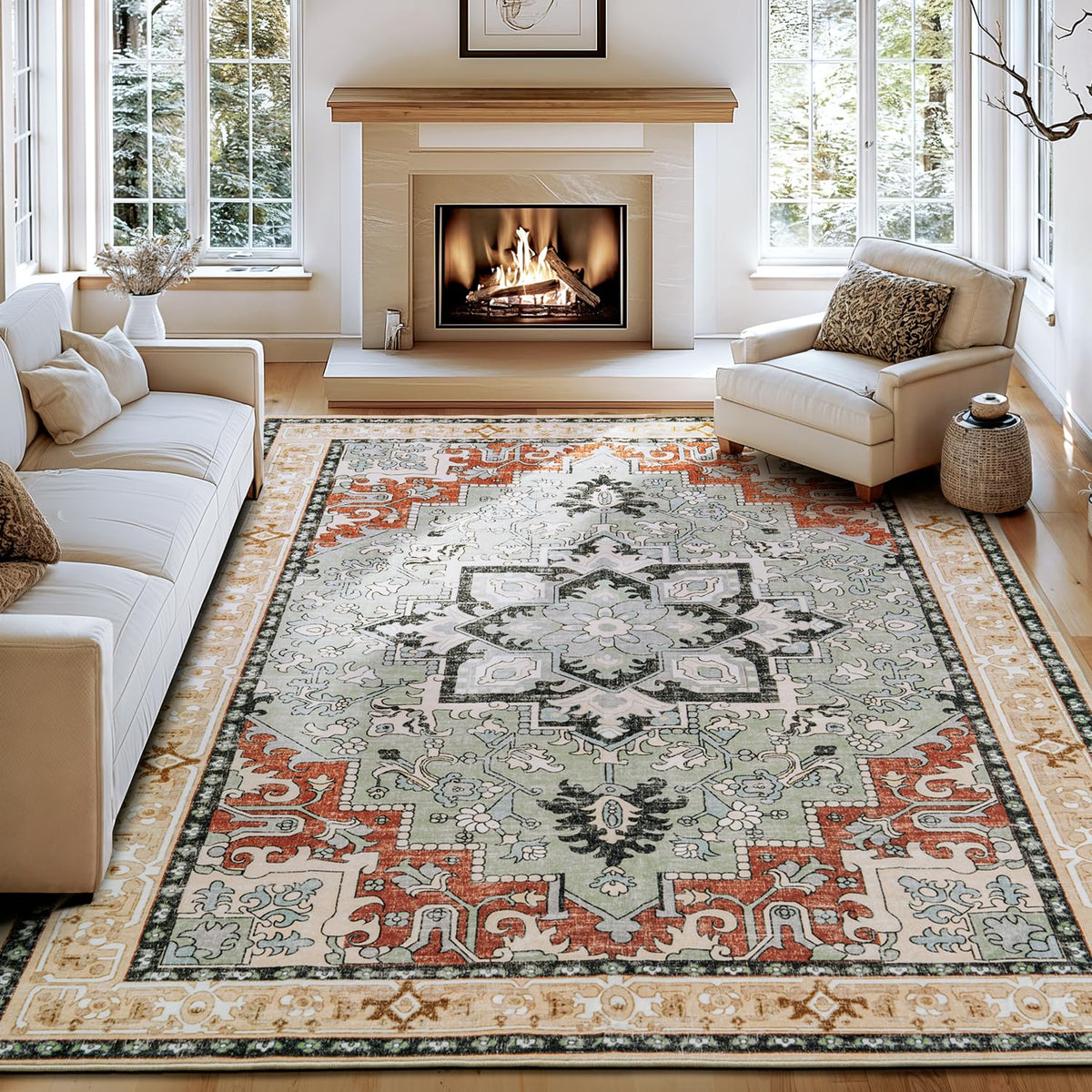 Lofus 5x7 Area Rugs for Living Room Bedroom, Soft Boho Carpet Floral Brown